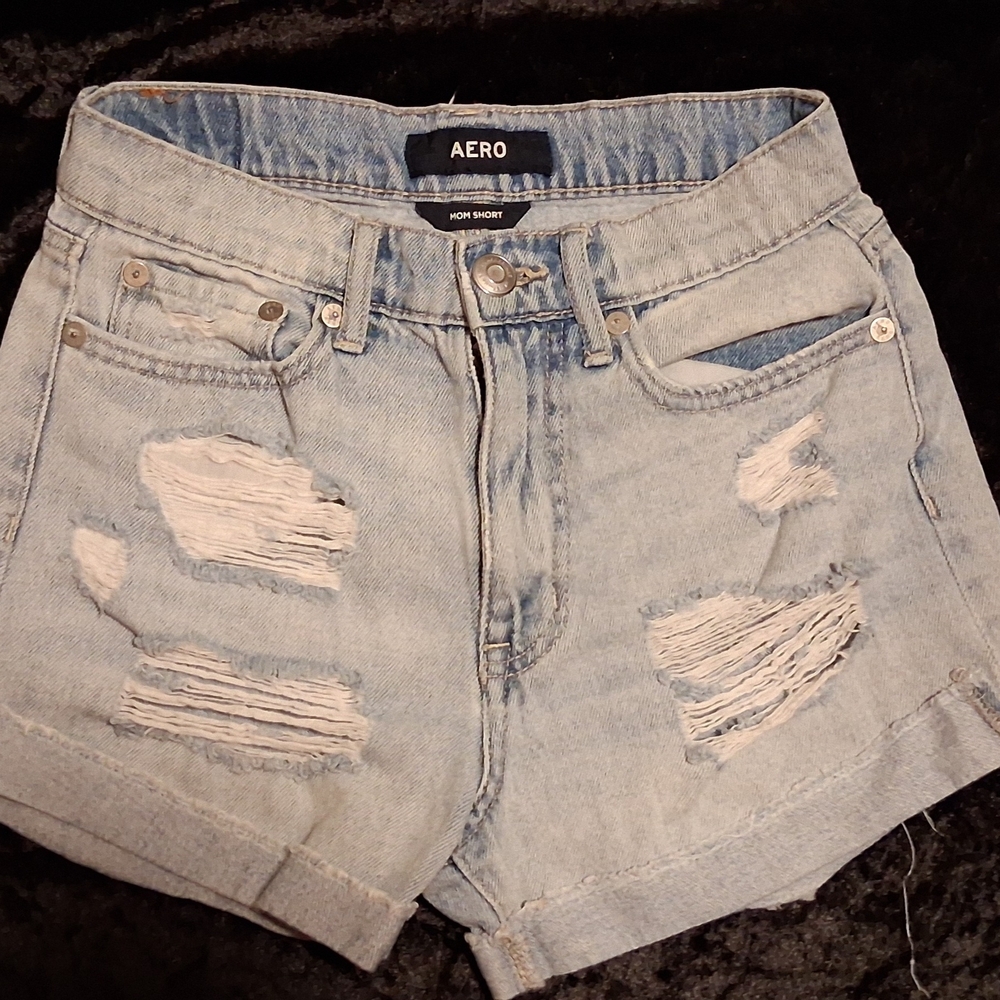 Aero Mom Short- Light Blue Ripped Jean Shorts